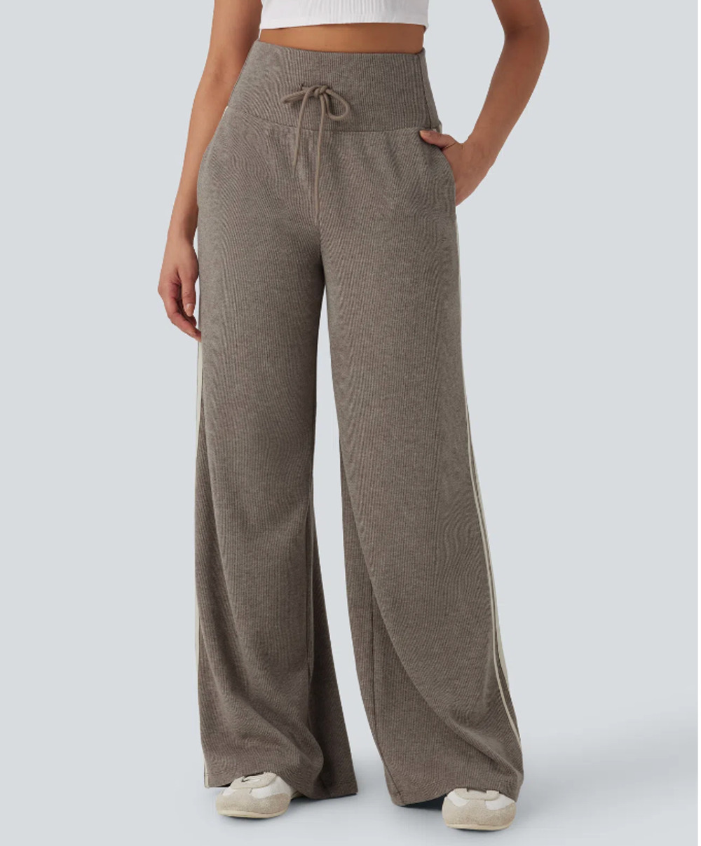 NWOT Halara Ribbed High Waisted Wide Leg Tummy Control Pants Taupe Stripe Size L